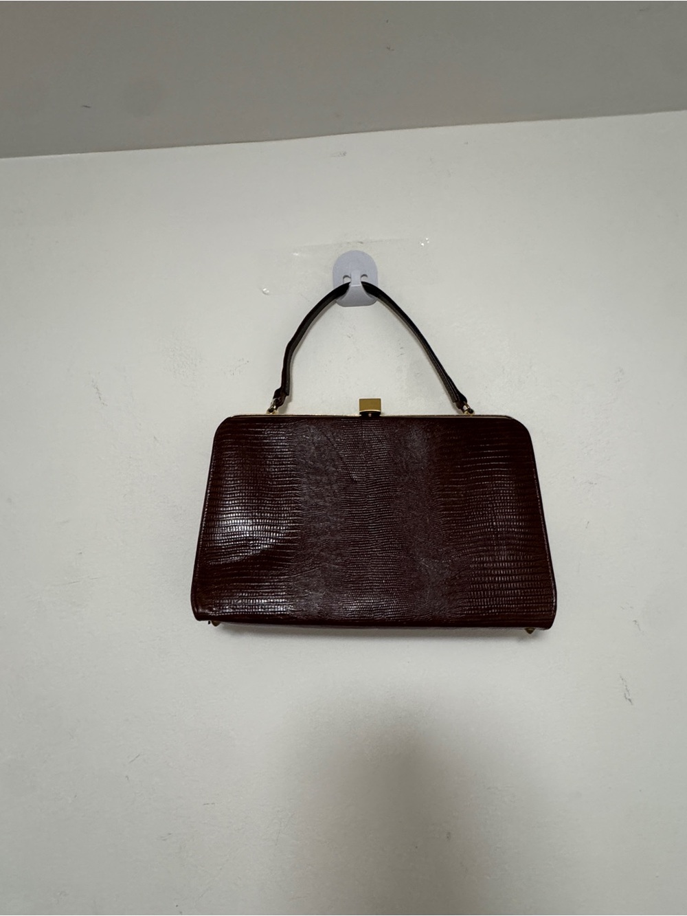 Vintage Brown Lizard Embossed Structured Top Handle Frame Handbag Gold Tone - Picture 3 of 16